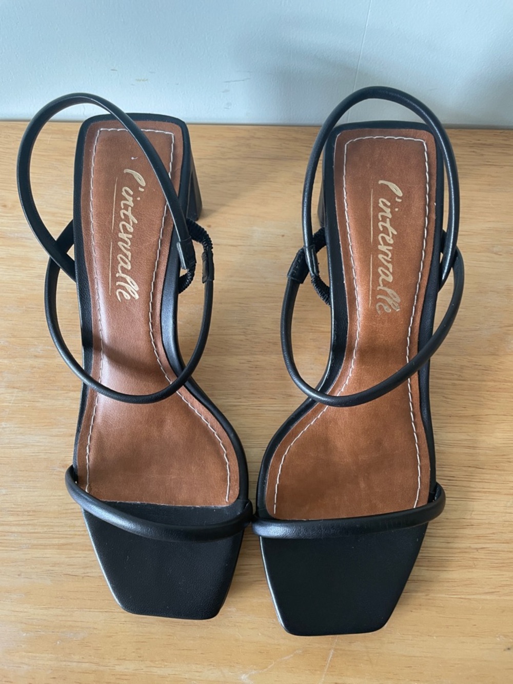 L'INTERVALLE Black Leather Sandals Strappy Square-Toe Block Heels, Size 8 - Picture 6 of 10